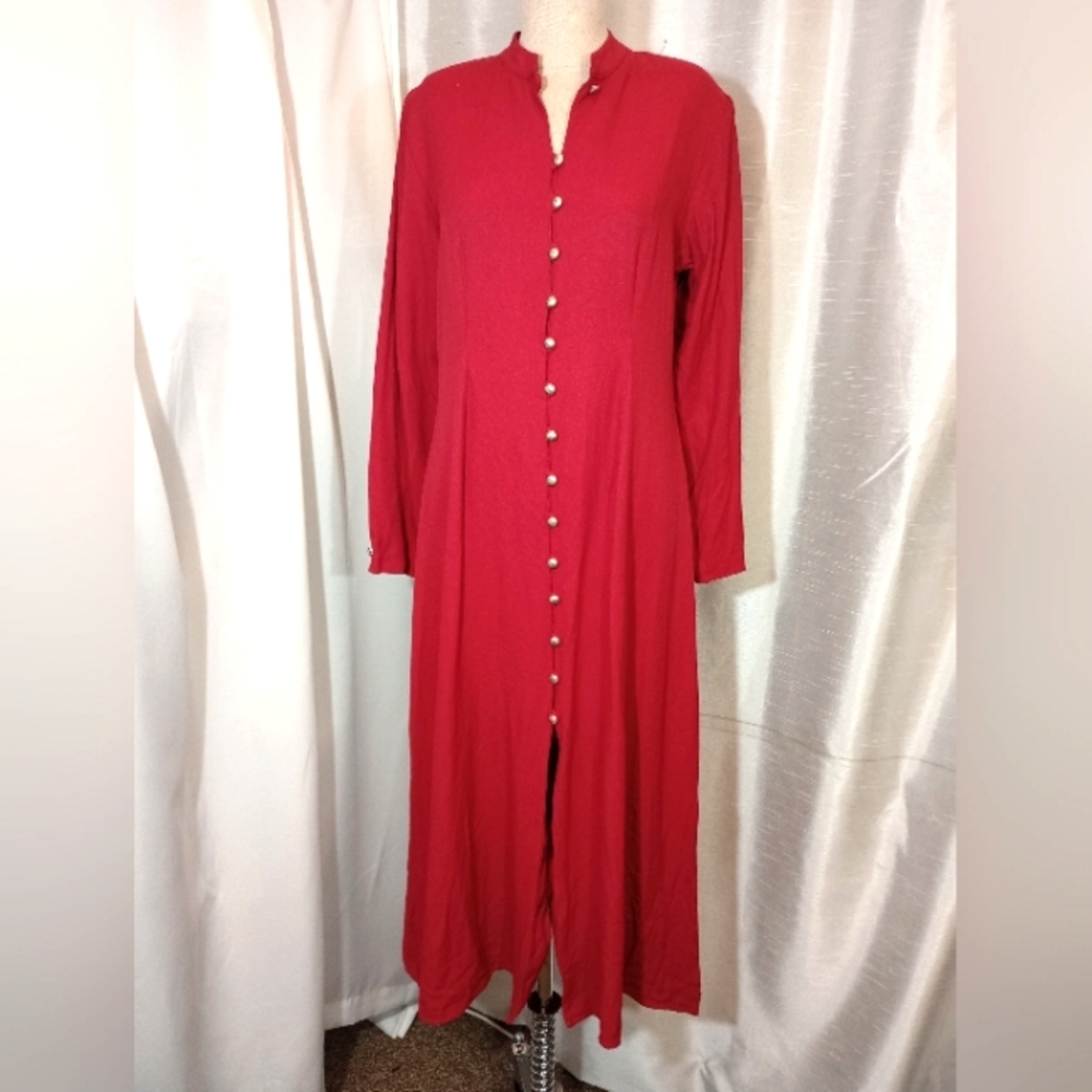 Christie & Jill Vintage Maxi, Dress, Red ButtonUp, V-Neck, Long Sleeve, 10 - Picture 1 of 15